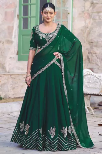Emerald Green Rangoli Silk Embroidered Lehenga with Scalloped Border