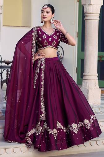 Elegant Wine Rangoli Silk Lehenga Set with Zari & Sequins Work
