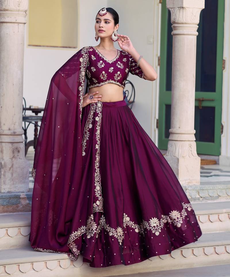 Elegant Wine Rangoli Silk Lehenga Set with Zari & Sequins Work
