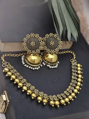 Gold Plated Alloy Antique Necklace with Jhumkas 3