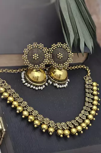 Gold Plated Alloy Antique Necklace with Jhumkas