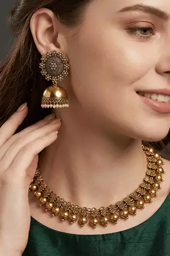 Gold Plated Alloy Antique Necklace with Jhumkas