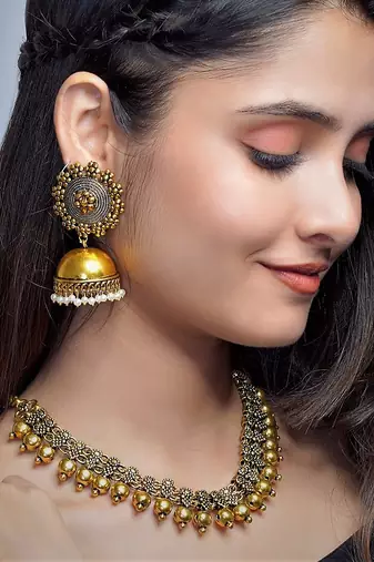 Gold Plated Alloy Antique Necklace with Jhumkas