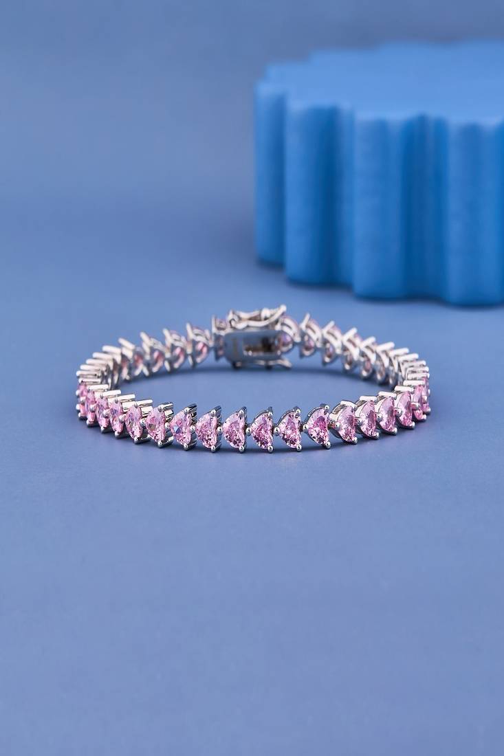 Pink Heart Cut Moissanite Tennis Bracelet, 925 Sterling Silver, Romantic Jewelry