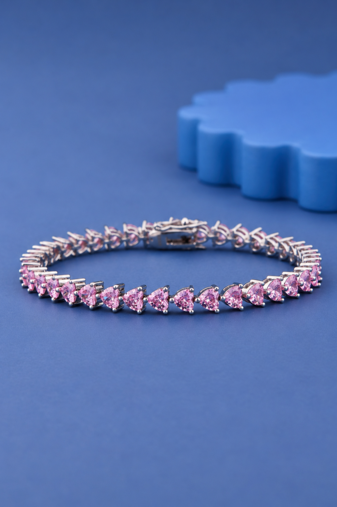 Pink Heart Cut Moissanite Tennis Bracelet, 925 Sterling Silver, Romantic Jewelry