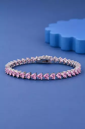 Pink Heart Cut Moissanite Tennis Bracelet, 925 Sterling Silver, Romantic Jewelry