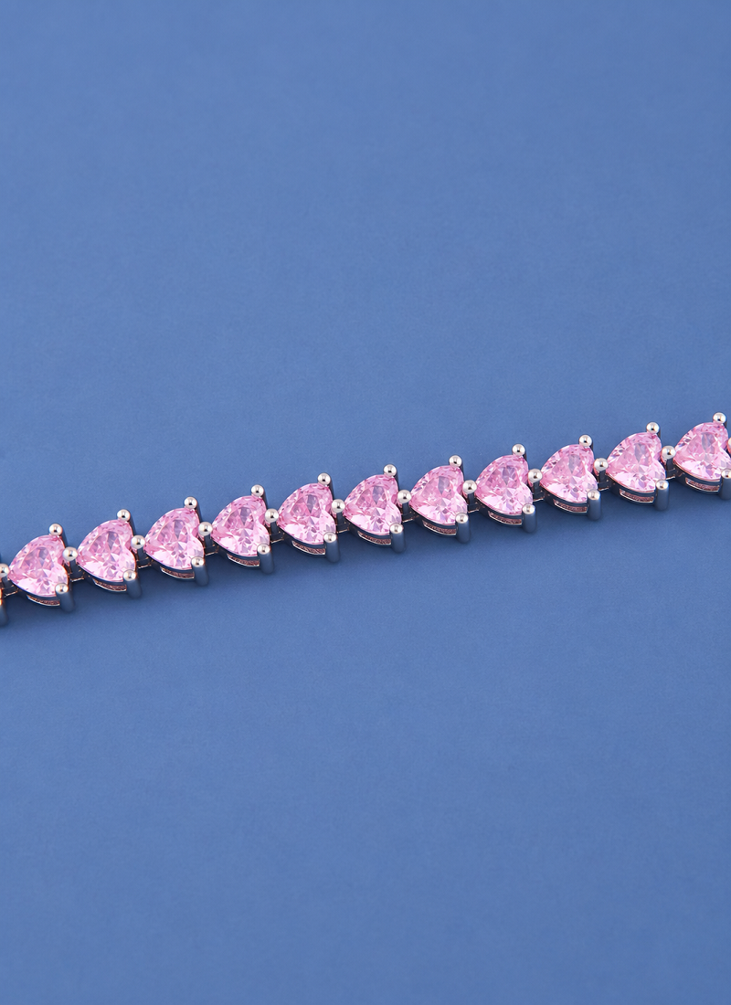 Pink Heart Cut Moissanite Tennis Bracelet, 925 Sterling Silver, Romantic Jewelry