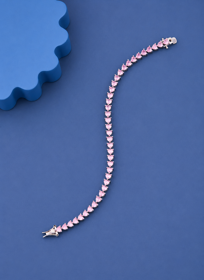Pink Heart Cut Moissanite Tennis Bracelet, 925 Sterling Silver, Romantic Jewelry