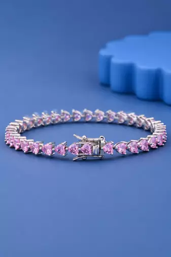 Pink Heart Cut Moissanite Tennis Bracelet, 925 Sterling Silver, Romantic Jewelry