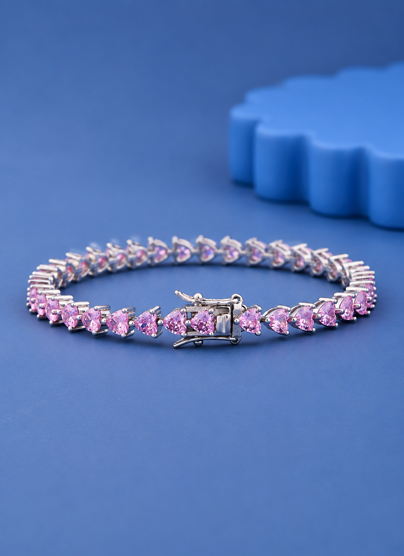 Pink Heart Cut Moissanite Tennis Bracelet, 925 Sterling Silver, Romantic Jewelry