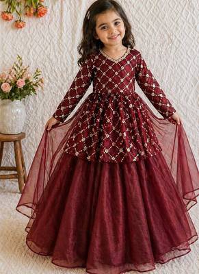 Maroon embroidered work kids twill net lehenga choli set 1
