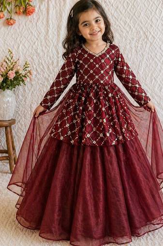 Maroon embroidered work kids twill net lehenga choli set