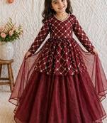 Maroon embroidered work kids twill net lehenga choli set