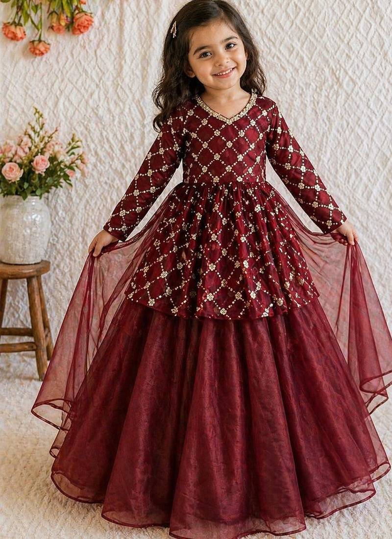Maroon embroidered work kids twill net lehenga choli set