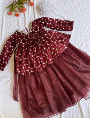 Maroon embroidered work kids twill net lehenga choli set 2