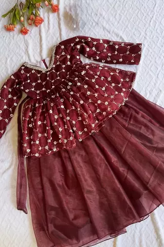 Maroon embroidered work kids twill net lehenga choli set