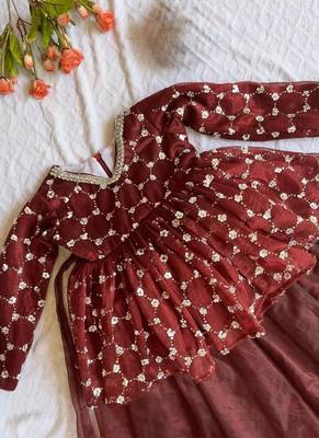Maroon embroidered work kids twill net lehenga choli set 3
