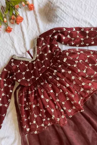 Maroon embroidered work kids twill net lehenga choli set