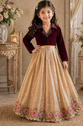 Maroon embroidered work kids party wear look kids lehenga choli