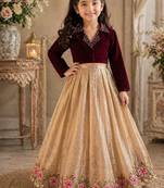 Maroon embroidered work kids party wear look kids lehenga choli