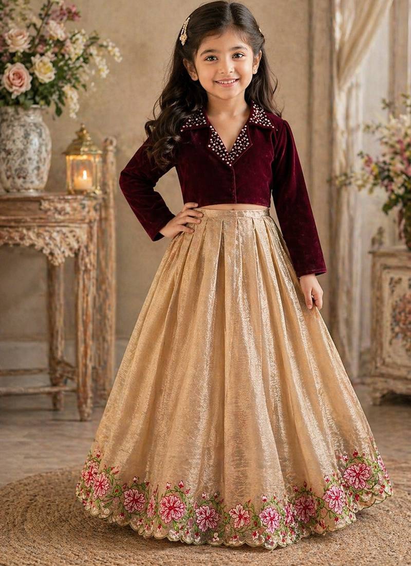 Maroon embroidered work kids party wear look kids lehenga choli
