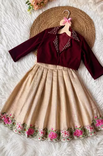 Maroon embroidered work kids party wear look kids lehenga choli