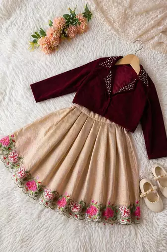 Maroon embroidered work kids party wear look kids lehenga choli