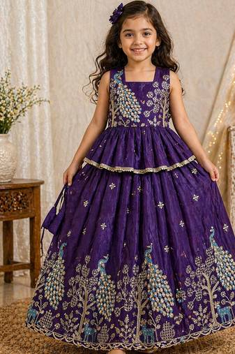 Pure gold crush with peacock design work kids lehenga choli