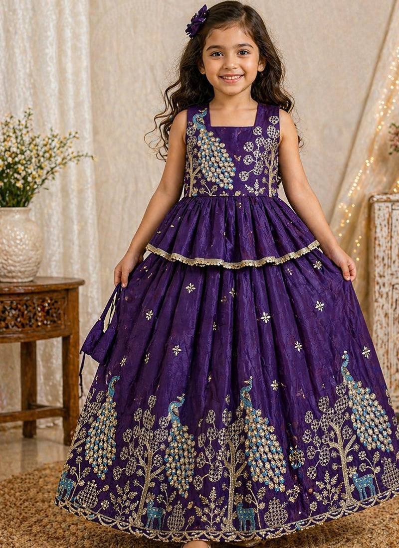 Pure gold crush with peacock design work kids lehenga choli