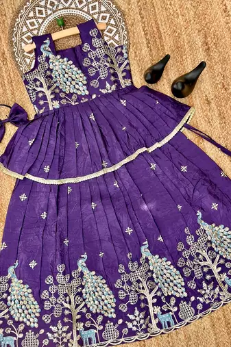 Pure gold crush with peacock design work kids lehenga choli