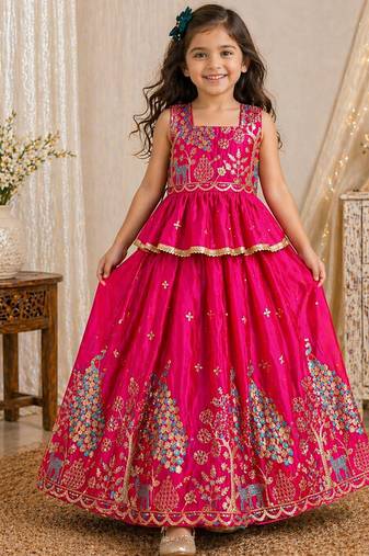 Pure gold crush with peacock design work kids lehenga choli
