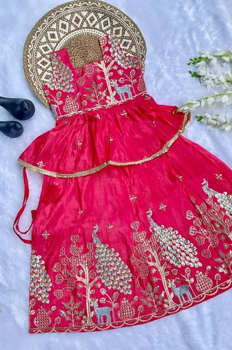 Pure gold crush with peacock design work kids lehenga choli
