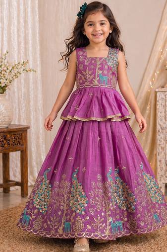 Pure gold crush with peacock design work kids lehenga choli
