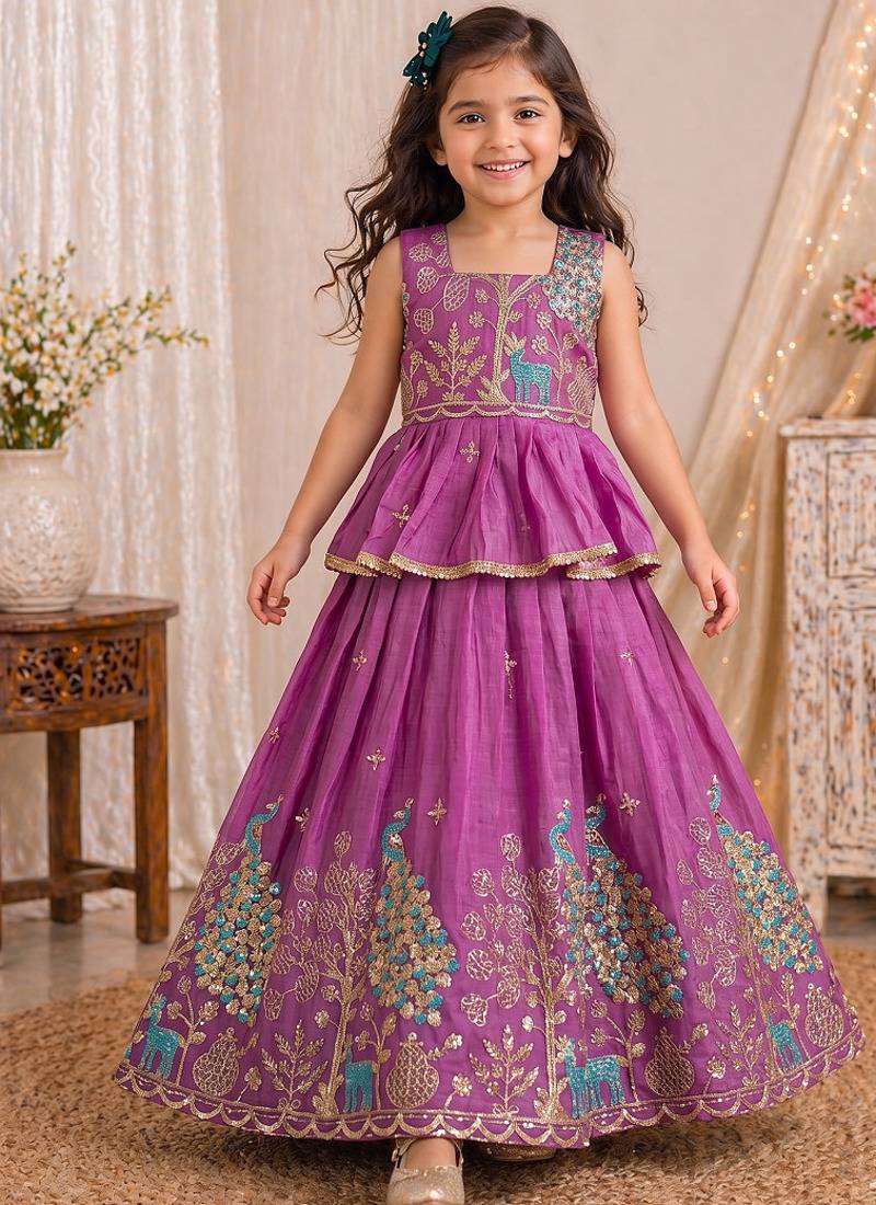 Pure gold crush with peacock design work kids lehenga choli