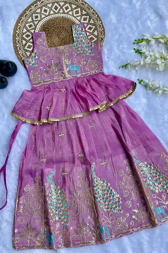 Pure gold crush with peacock design work kids lehenga choli