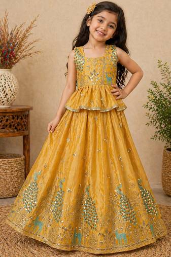 Pure gold crush with peacock design work kids lehenga choli