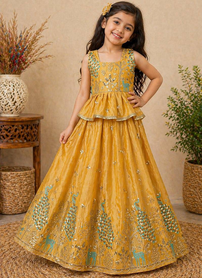 Pure gold crush with peacock design work kids lehenga choli