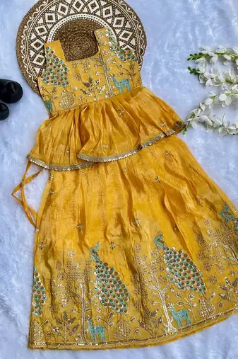 Pure gold crush with peacock design work kids lehenga choli