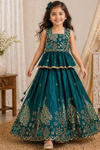 Pure gold crush with peacock design work kids lehenga choli
