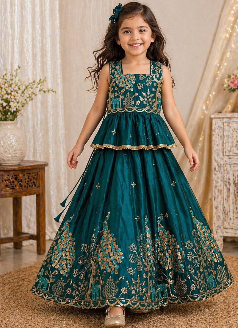 Pure gold crush with peacock design work kids lehenga choli