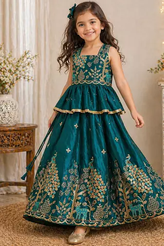 Pure gold crush with peacock design work kids lehenga choli