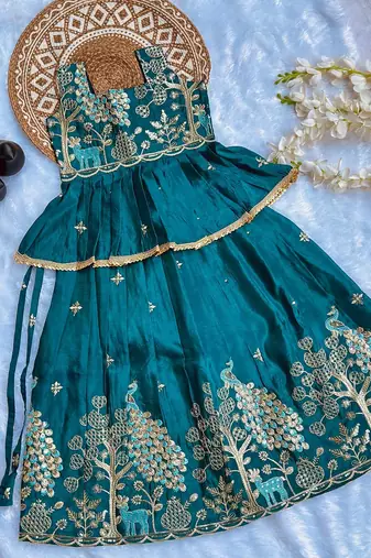 Pure gold crush with peacock design work kids lehenga choli