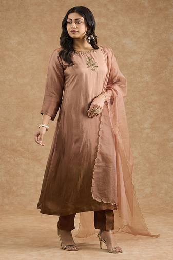 Brown ombre opara silk hand embroidered kurta set