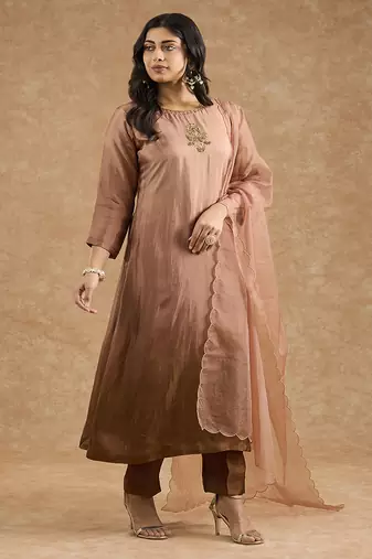 Brown ombre opara silk hand embroidered kurta set