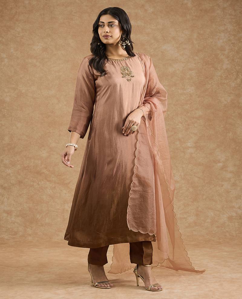 Brown ombre opara silk hand embroidered kurta set