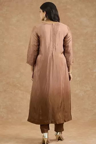 Brown ombre opara silk hand embroidered kurta set