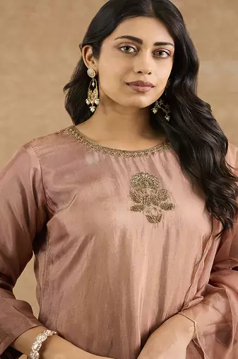 Brown ombre opara silk hand embroidered kurta set