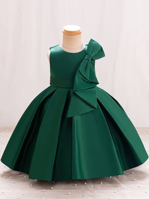 Green solid satin a-line flared party wear kids dress 1