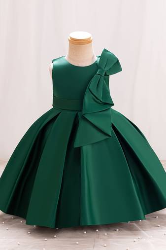 Green solid satin a-line flared party wear kids dress