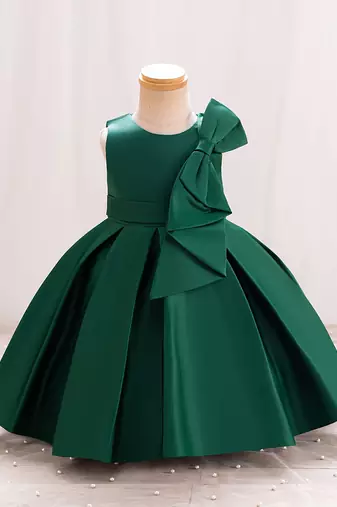 Green solid satin a-line flared party wear kids dress